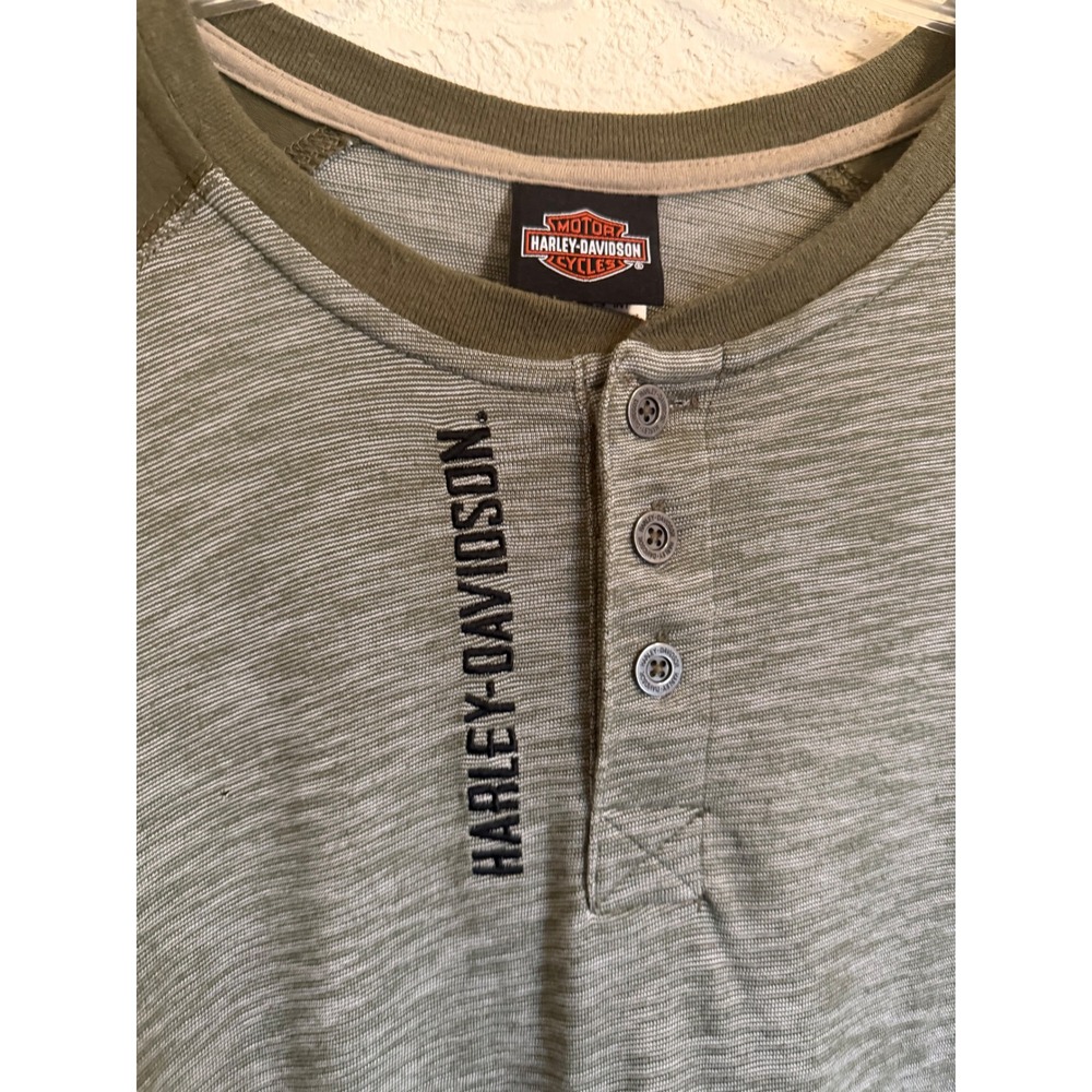 Harley-Davidson Mens Henley Shirt 2XL Olive Green Raglan Long Sleeve Dallas TX - Picture 2 of 7
